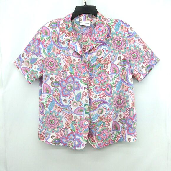 Alfred Dunner Shirt Womens Size 16 Colorful Pastel Floral Short Sleeve Button Up - Picture 1 of 6